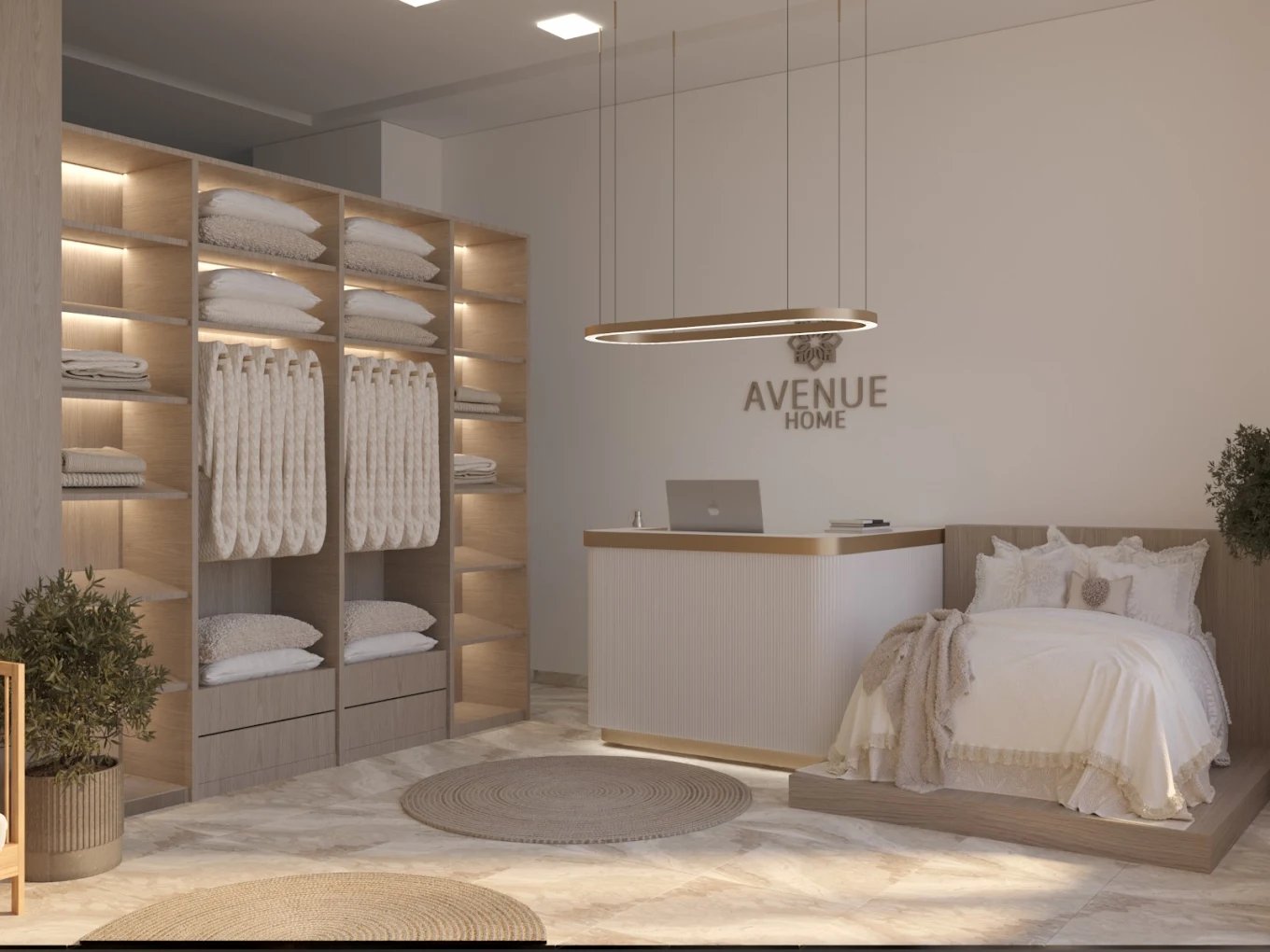 Avenue Home store interior with linen textiles and the Avenue Home wall sign